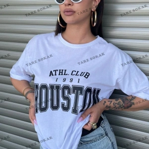 Houston Baskılı Kadın Oversize Beyaz