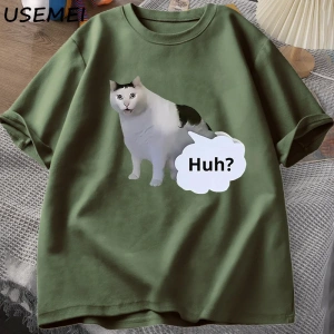 Huh Kedi Komik Meme T Shirt Erkek Kadın Absurd Weirdcore T-Shirt Rahat Yuvarlak Boyun Pamuk K 3031