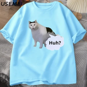 Huh Kedi Komik Meme T Shirt Erkek Kadın Absurd Weirdcore T-Shirt Rahat Yuvarlak Boyun Pamuk K 3031