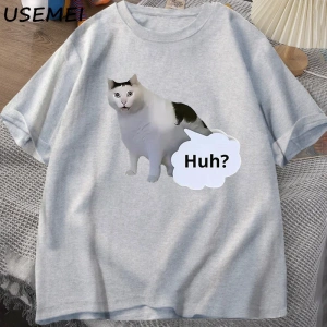 Huh Kedi Komik Meme T Shirt Erkek Kadın Absurd Weirdcore T-Shirt Rahat Yuvarlak Boyun Pamuk K 3031