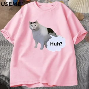 Huh Kedi Komik Meme T Shirt Erkek Kadın Absurd Weirdcore T-Shirt Rahat Yuvarlak Boyun Pamuk K 3031