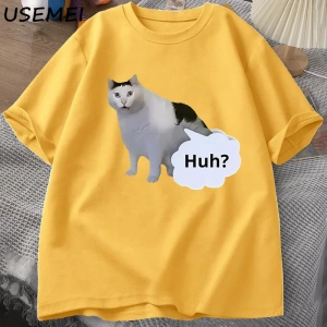 Huh Kedi Komik Meme T Shirt Erkek Kadın Absurd Weirdcore T-Shirt Rahat Yuvarlak Boyun Pamuk K 3031
