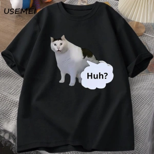 Huh Kedi Komik Meme T Shirt Erkek Kadın Absurd Weirdcore T-Shirt Rahat Yuvarlak Boyun Pamuk K 3031