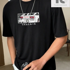 Hypemode Erkek Japon Mektup ve Araba Baskılı Tişört