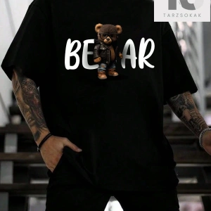 Hypemode Erkek Karikatür Yüz Yuvarlak Yaka Damla Omuz Kol Tişört