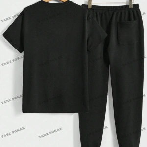 Hypemode Örme Günlük Baskılı Kısa Kollu Üst ve Uzun Pantolon Takım