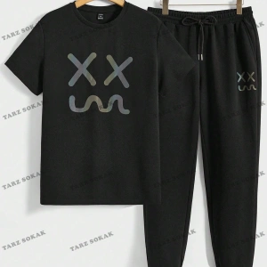 Hypemode Örme Günlük Baskılı Kısa Kollu Üst ve Uzun Pantolon Takım