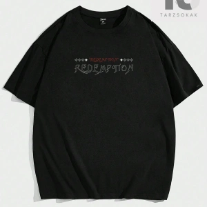 Hypemode Yuvarlak Yaka, Melek Baskılı ve Sloganlı Siyah Kısa Kollu Triko Erkek Tişö