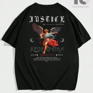 Hypemode Yuvarlak Yaka, Melek Baskılı ve Sloganlı Siyah Kısa Kollu Triko Erkek Tişö