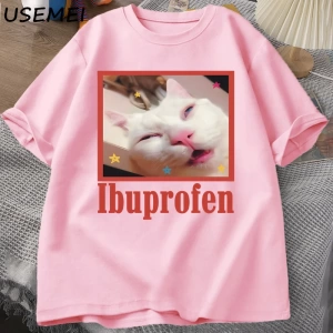 Ibuprofen Kedi Meme Tshirt Komik Kedi Grafik Tee Sevimli Kedi Sevgilisi Pamuklu Tişört Rahat  2808
