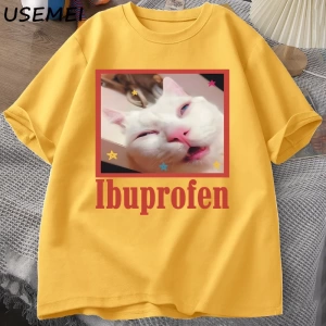 Ibuprofen Kedi Meme Tshirt Komik Kedi Grafik Tee Sevimli Kedi Sevgilisi Pamuklu Tişört Rahat  2808