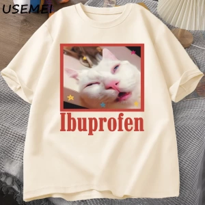 Ibuprofen Kedi Meme Tshirt Komik Kedi Grafik Tee Sevimli Kedi Sevgilisi Pamuklu Tişört Rahat  2808
