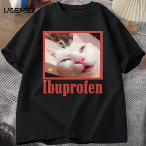 Ibuprofen Kedi Meme Tshirt Komik Kedi Grafik Tee Sevimli Kedi Sevgilisi Pamuklu Tişört Rahat  2808