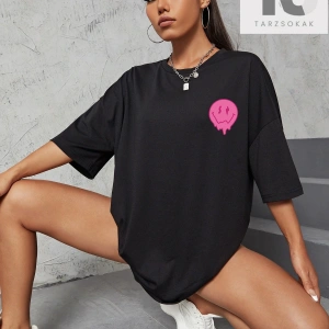 İfade & Slogan Grafikli Düşük Omuzlu Tişört