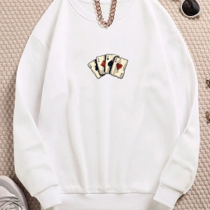 İskambil Renkli Oversize Bisiklet Yaka Pamuklu Sweatshirt Beyaz