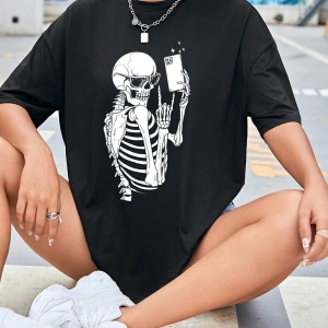 İskelet Desenli Düşük Omuzlu Tişört