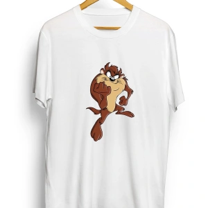 IvırZıvır----Unisex Beyaz Oversize Tazmanya Canavarı Baskılı T-shirt