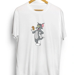 IvırZıvır----Unisex Beyaz Tom& Jerry Baskılı Oversize T-shirt