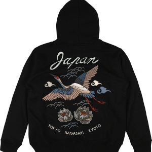 Japan Crane Siyah Oversize Unisex Kapüşonlu Sweatshirt Hoodie
