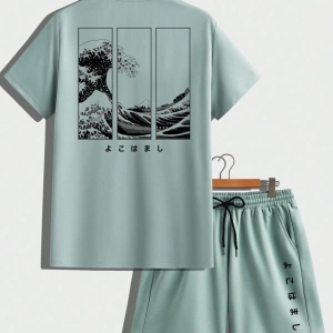 Japon Ukiyo-E Dalgası Desen Erkek Günlük Standart Beden Gri Yeşil