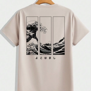 Japon Ukiyo-E Dalgası Desen Erkek Günlük Standart Beden Gri Yeşil