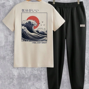 Japon Ukiyo-E Gün Batımı Dalgaları Baskılı Erkek Standart Beden Örme Haki