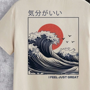 Japon Ukiyo-E Gün Batımı Dalgaları Baskılı Erkek Standart Beden Örme Haki