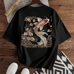 Japon Ukiyo-E Koi Balığı Baskılı Rahat Siyah Tişört Erkekler İçin