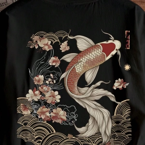Japon Ukiyo-E Koi Balığı Baskılı Rahat Siyah Tişört Erkekler İçin
