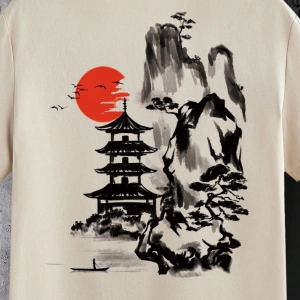 Japon Vintage Mürekkep Boyama Gün Batımı ve Manzara Baskılı Erkek Standart Be