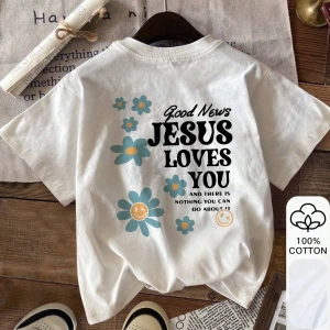 JESUS LOVES YOU & Çiçek Baskı, Yaz Kadın %100 Pamuklu Kısa Kollu, Günlük Kadın Giyim, Günlük