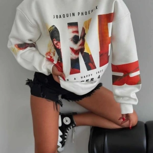 Joker Renkli Oversize Bisiklet Yaka Pamuklu Sweatshirt Beyaz
