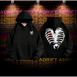 Kaburga Kalp Tasarım Baskılı Kapüşonlu Sweatshirt Hoodie Siyah