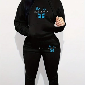 Kadın 2 Parça Takım Rahat Kelebek Baskılı Sweatshirt Ve Pantolon