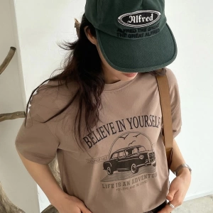 Kadın Açık Kahve Belıeve Baskılı Bisiklet Yaka Tshirt