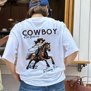 Kadın Amerikan Rider Baskılı Yuvarlak Yaka Kısa Kollu Tişört, Moda ve Çok Yönlü Günlük Yaz Üs