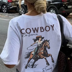 Kadın Amerikan Rider Baskılı Yuvarlak Yaka Kısa Kollu Tişört, Moda ve Çok Yönlü Günlük Yaz Üs