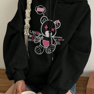 Kadın Basit Baskılı Kapüşonlu Sweatshirt, Siyah, Üç Çeyrek Kollu Üstler Model 5206