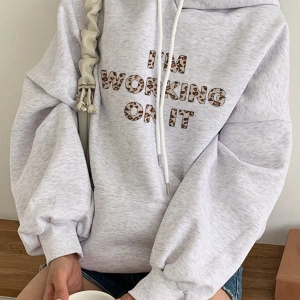 Kadın Basit Baskılı Kapüşonlu Sweatshirt, Siyah, Üç Çeyrek Kollu Üstler Model 5206