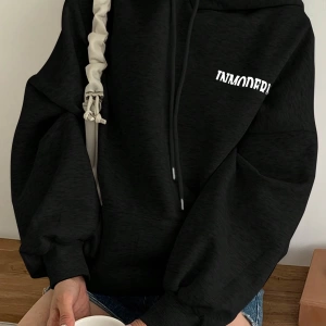 Kadın Basit Baskılı Kapüşonlu Sweatshirt, Siyah, Üç Çeyrek Kollu Üstler Model 5206