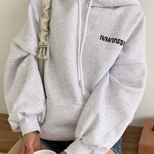 Kadın Basit Baskılı Kapüşonlu Sweatshirt, Siyah, Üç Çeyrek Kollu Üstler Model 5206