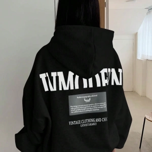 Kadın Basit Baskılı Kapüşonlu Sweatshirt, Siyah, Üç Çeyrek Kollu Üstler Model 5206