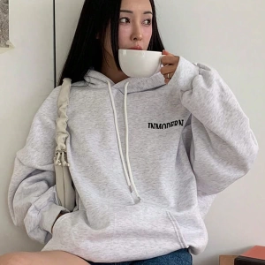 Kadın Basit Baskılı Kapüşonlu Sweatshirt, Siyah, Üç Çeyrek Kollu Üstler Model 5206