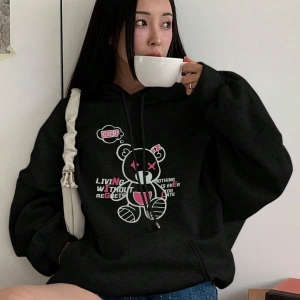 Kadın Basit Baskılı Kapüşonlu Sweatshirt, Siyah, Üç Çeyrek Kollu Üstler Model 5206