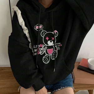 Kadın Basit Baskılı Kapüşonlu Sweatshirt, Siyah, Üç Çeyrek Kollu Üstler Model 5206