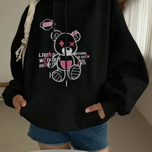 Kadın Basit Baskılı Kapüşonlu Sweatshirt, Siyah, Üç Çeyrek Kollu Üstler Model 5206