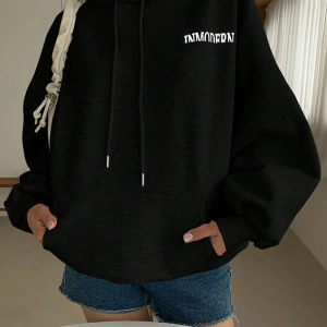 Kadın Basit Baskılı Kapüşonlu Sweatshirt, Siyah, Üç Çeyrek Kollu Üstler Model 5206