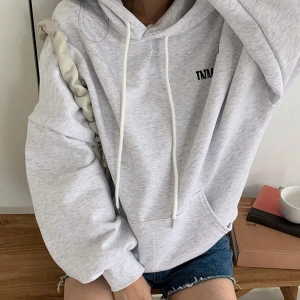 Kadın Basit Baskılı Kapüşonlu Sweatshirt, Siyah, Üç Çeyrek Kollu Üstler Model 5206