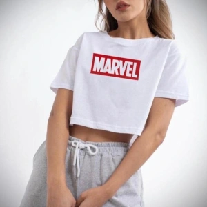 Kadın Baskılı Yuvarlak Yaka Crop Tshirt