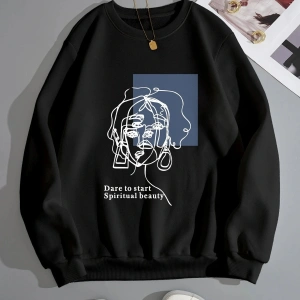Kadın Beauty Baskılı Oversize Bisiklet Yaka Sweatshirt Siyah
